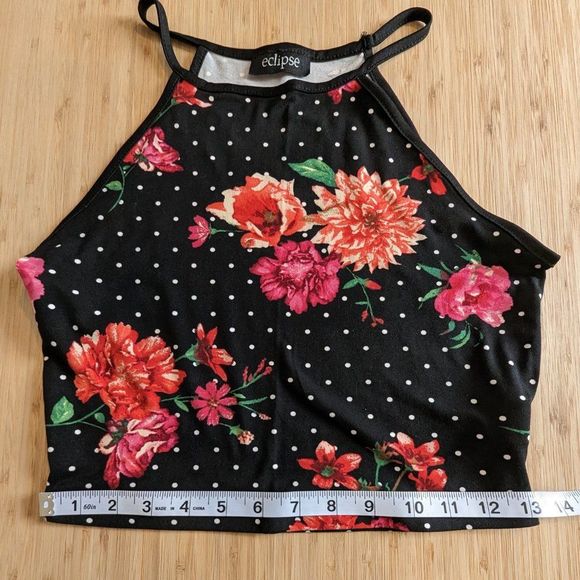 Floral Tank Top with polka dots Black and Pink spaghetti strap Crop Size Medium - Picture 7 of 10